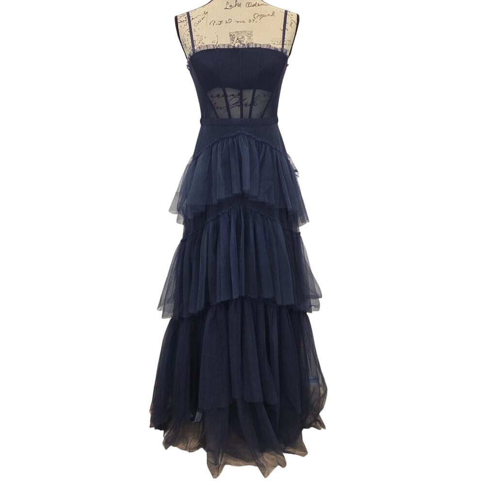 Betsy & Adam Jasmine Gown Women 6 Navy Corset Tiered Tulle Prom Formal Dress NWT